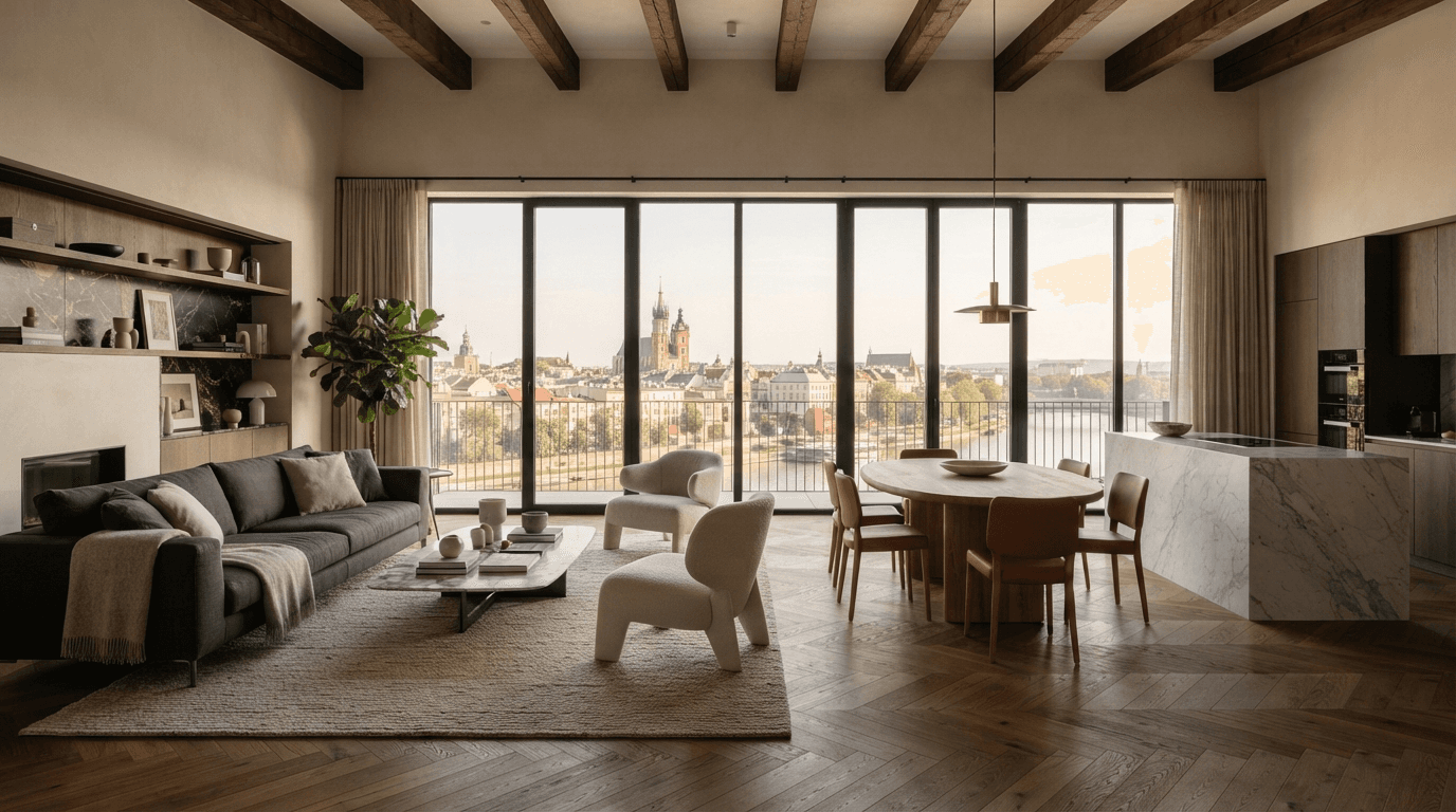 Luksusowy salon z jadalnią i kuchnią w apartamencie w Krakowie — belkowany sufit, dębowa podłoga w jodełkę, marmurowa wyspa kuchenna i panoramiczny widok na Stare Miasto i Wisłę.